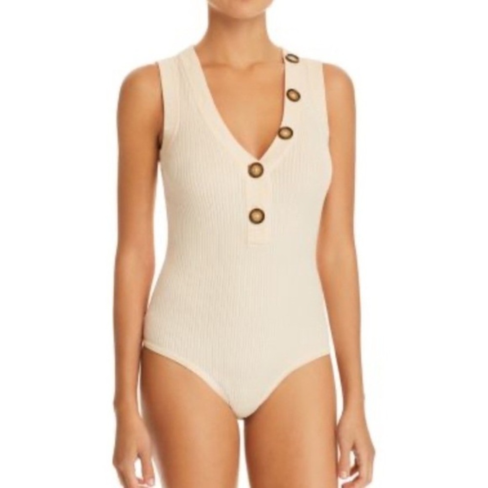 Ronny Kobo Bodysuit XS Cream‎ Romy Button-Detail Ribbed Minimalist Quiet Luxury